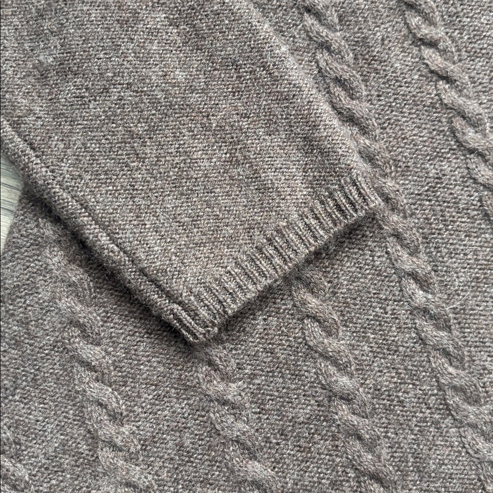 Raffi |100% Cashmere Chocolate Brown Cable Knit Scoop Neck Sweater Fringe Hem SM - Picture 5 of 14